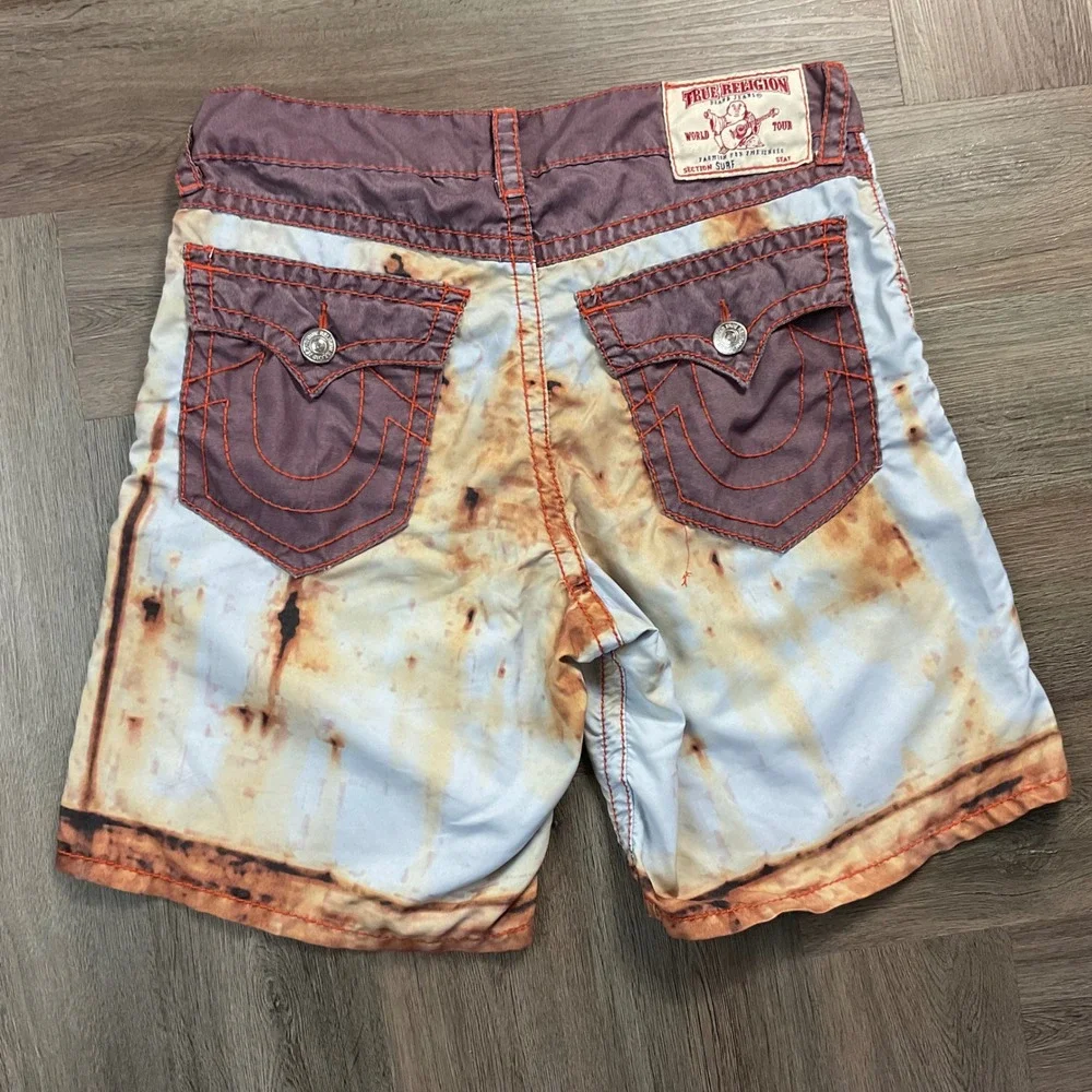 Y2K True Religion Section Tye Dye Surf Board Shorts Swim Trunks Mens 38 Brown